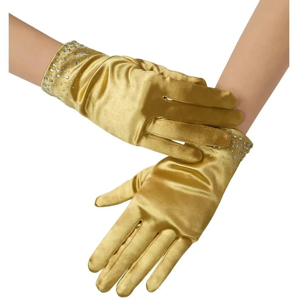 Women's Gold Sparkly Glitter Rhinestone Stretchy Satin Wrist Length Gloves